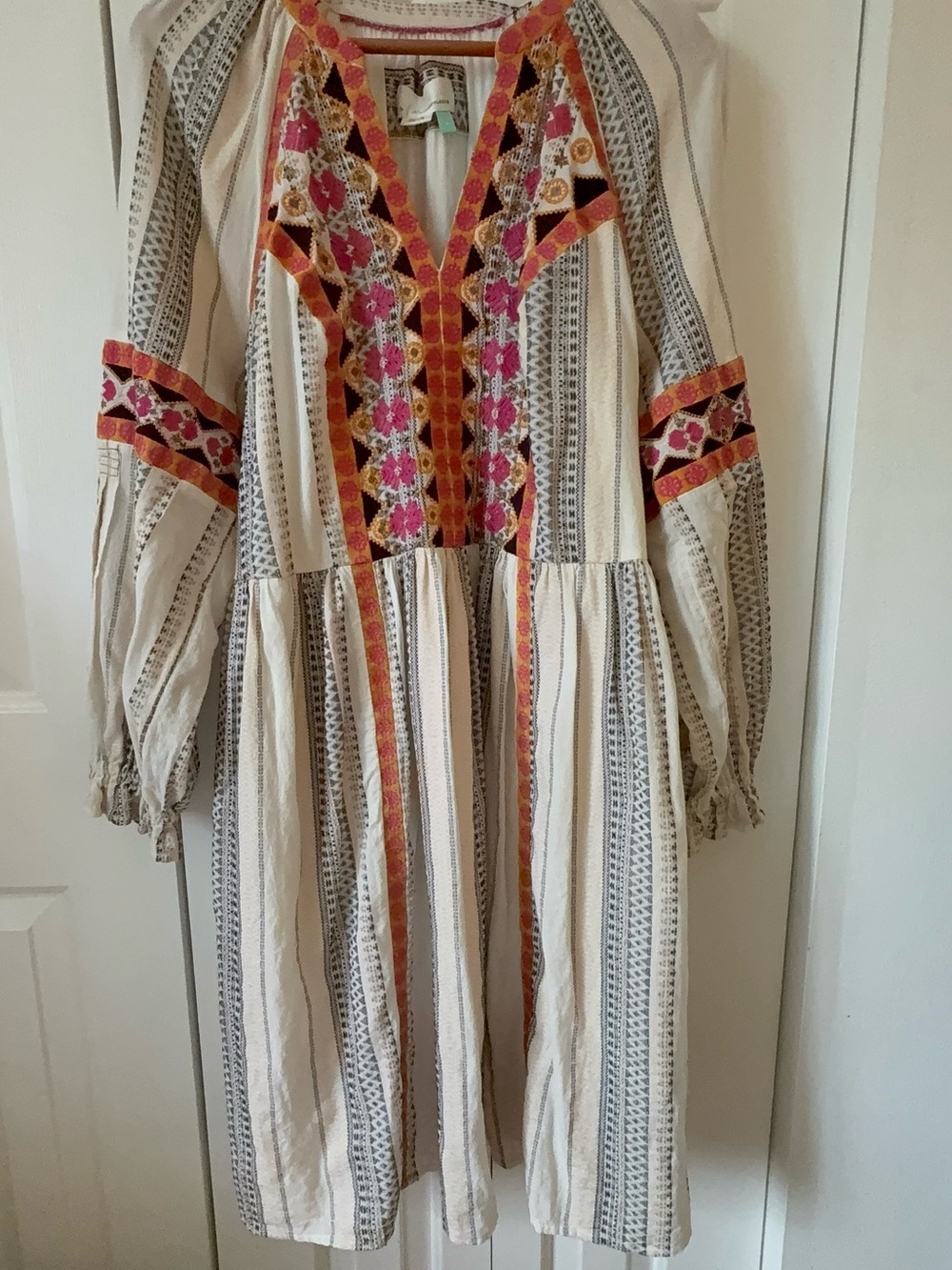 Anthropologie Cream Midi Dress with Pink & Orange Embroidery